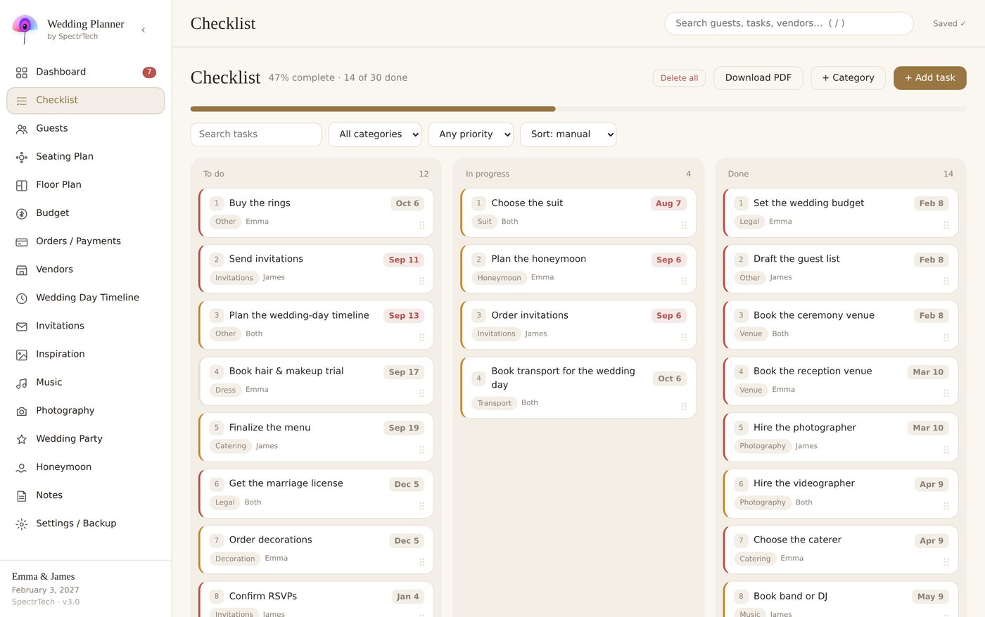 The built-in checklist groups tasks by month and tracks progress on the dashboard.