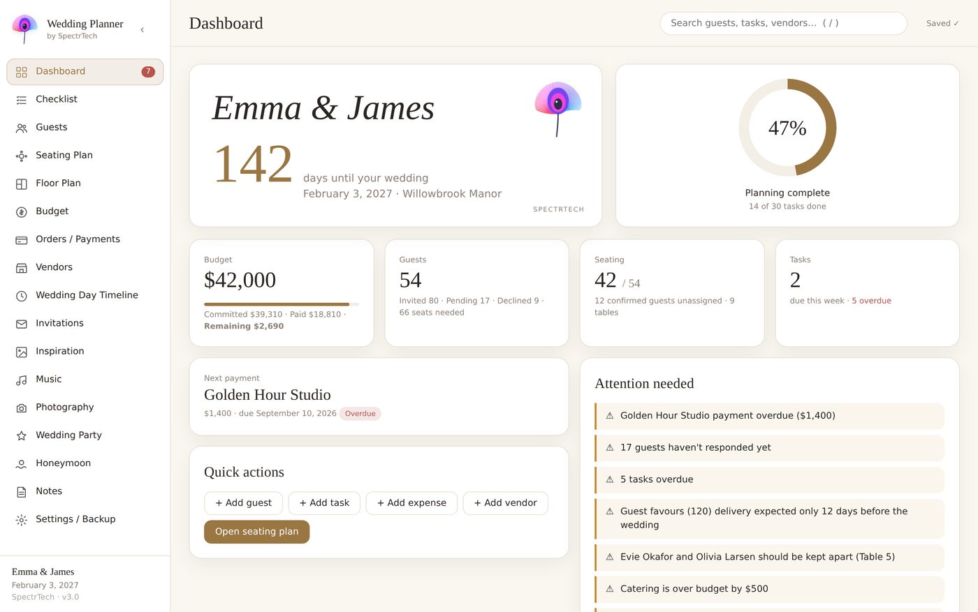 Planner dashboard showing countdown, tasks and upcoming payments