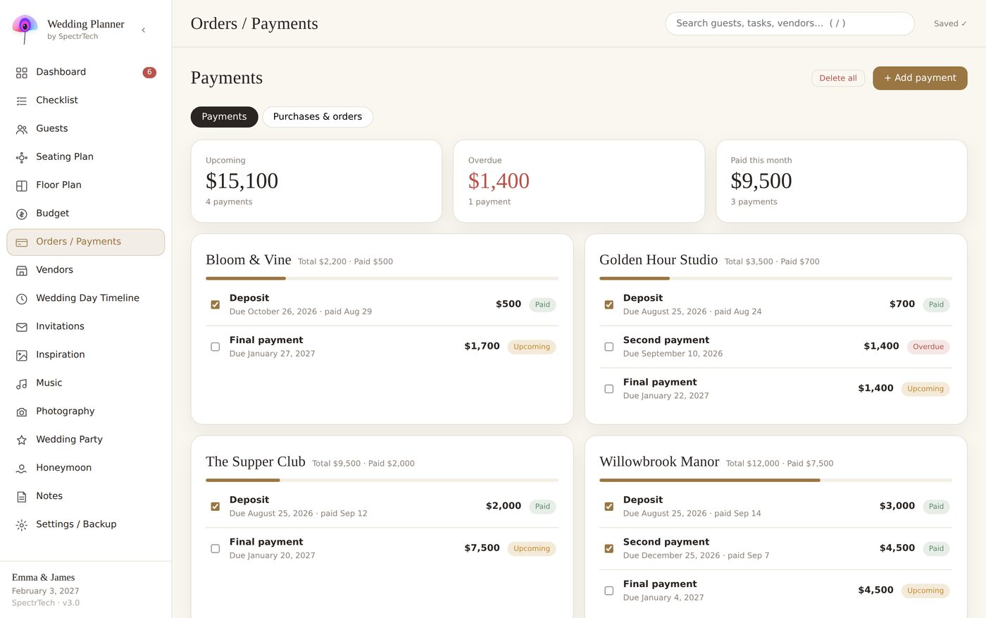 Deposits, instalments and balances per vendor, with what's due next on the dashboard.