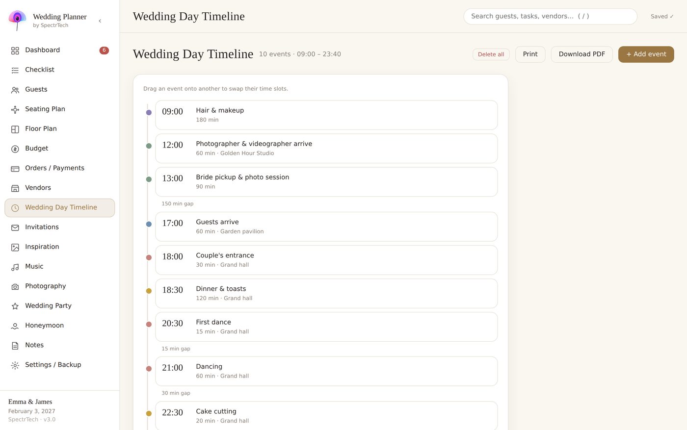 Wedding day timeline in the planner with overlapping events highlighted