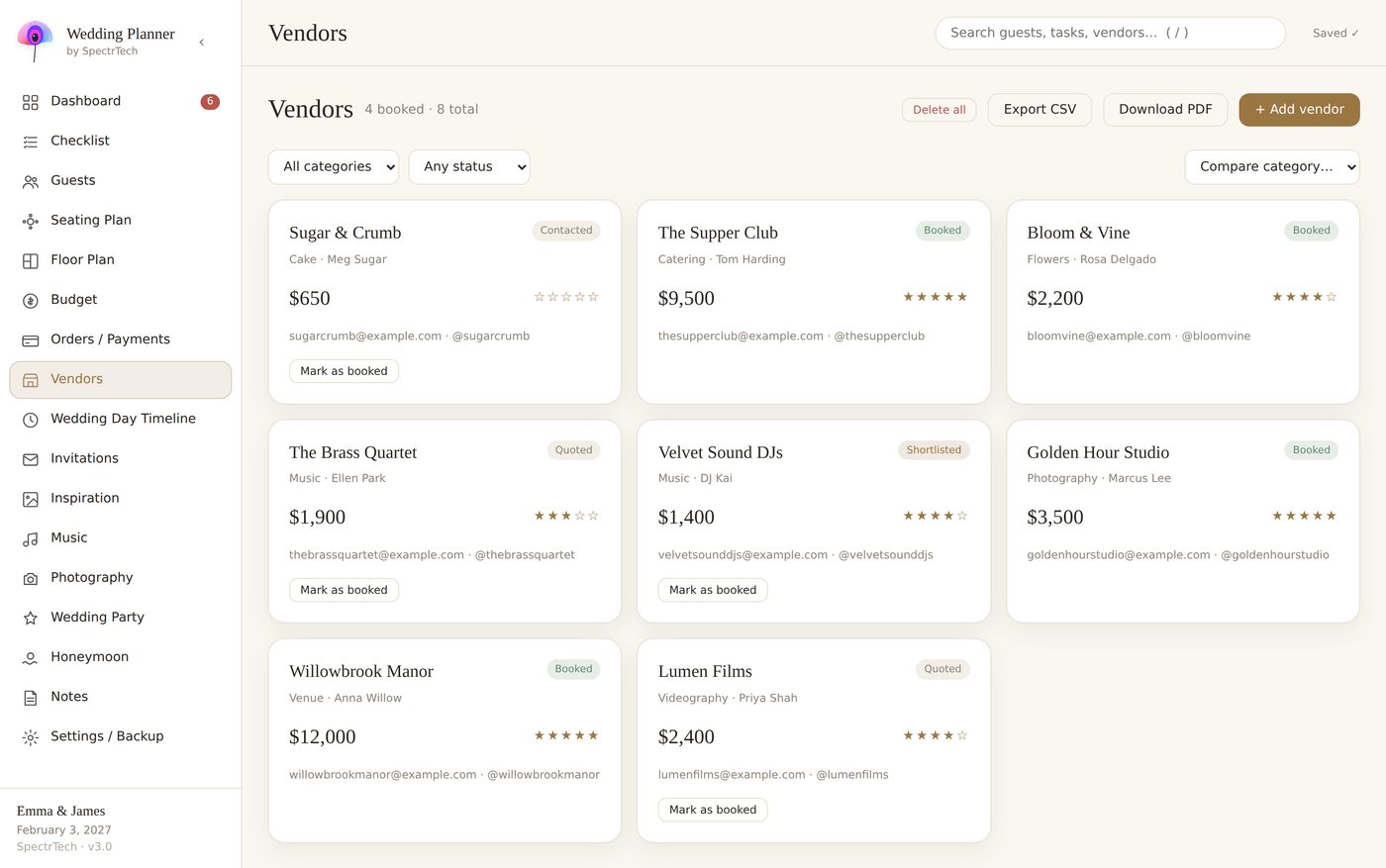 Vendor comparison in the planner with quotes and ratings side by side