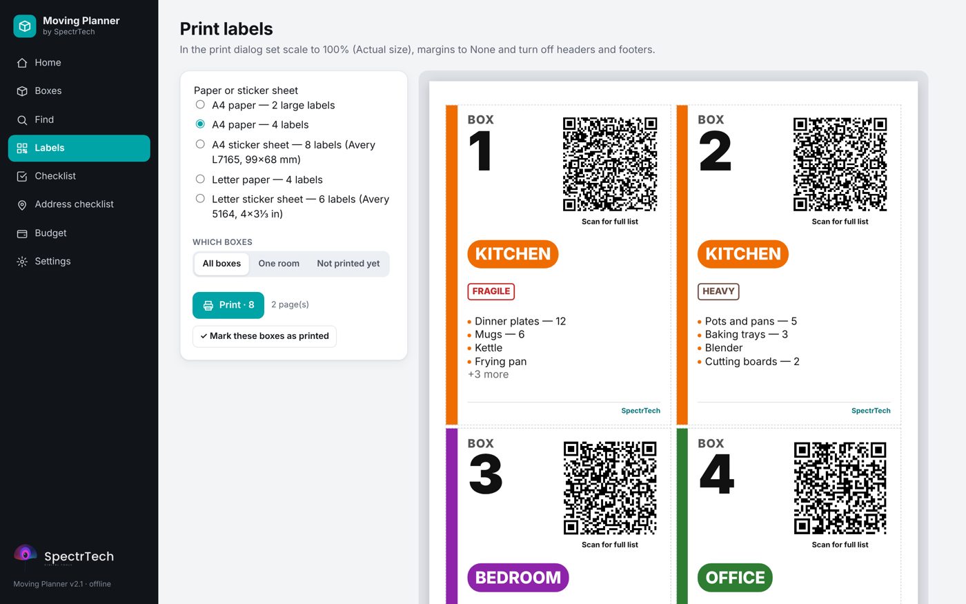 Label printing screen with paper choice and a preview of four QR box labels