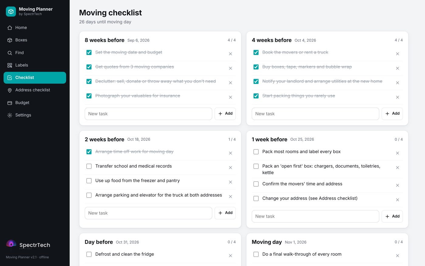 Moving checklist grouped by weeks before moving day