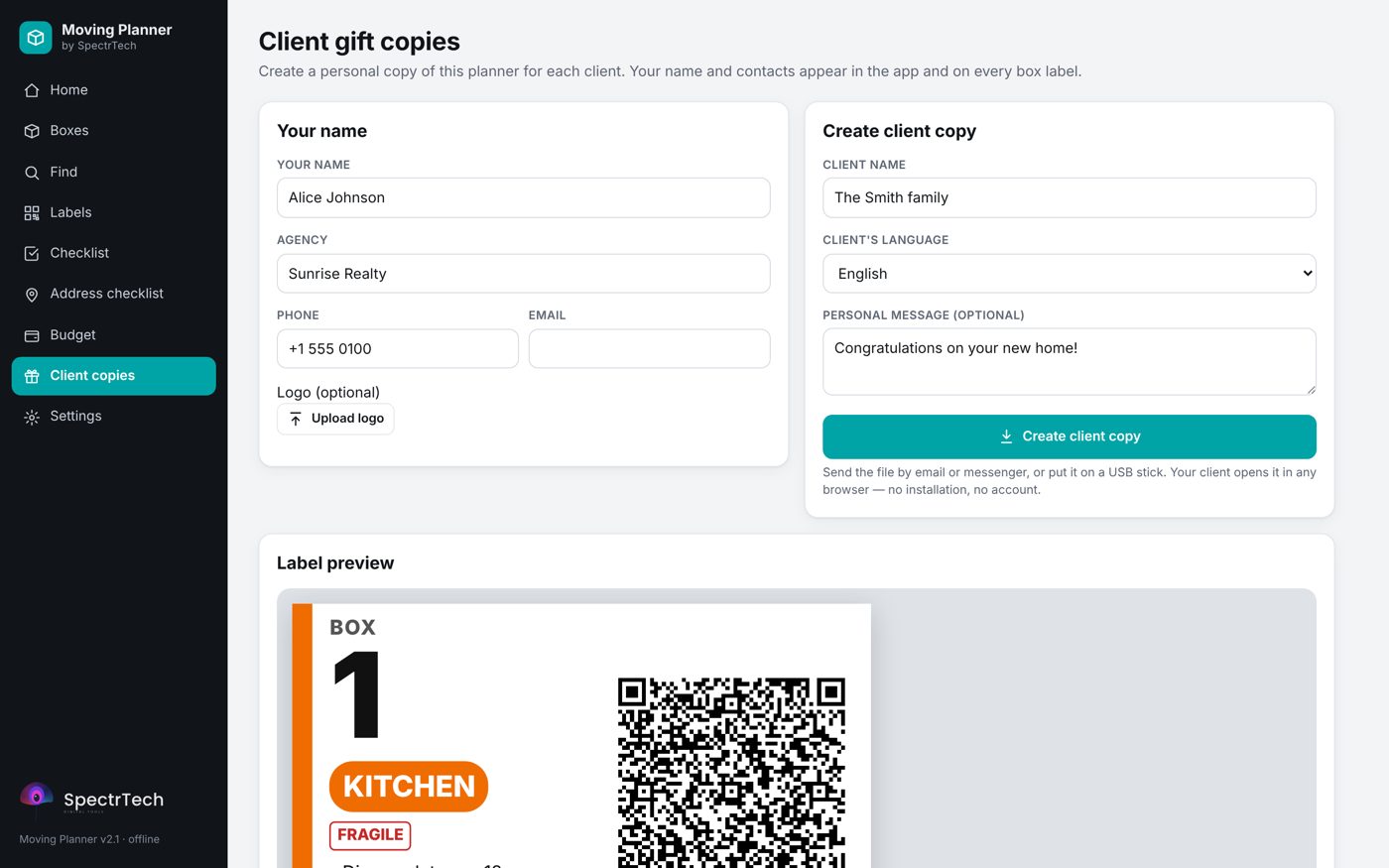 Client gift copies screen: realtor name, agency, phone and a label preview with the realtor's contacts