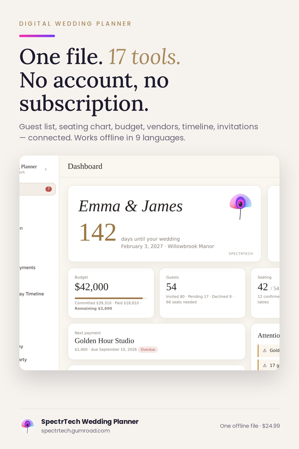 Wedding Planner dashboard — one file, 17 tools, no account, no subscription